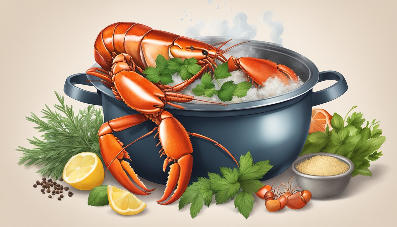 A large pot of boiling water with whole lobster inside, surrounded by various seasonings and herbs