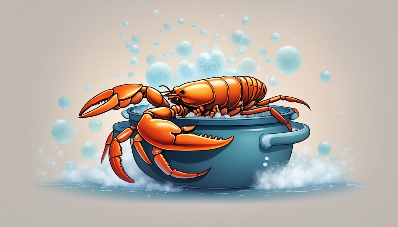 A pot of boiling water with a whole lobster submerged inside, surrounded by steam and bubbles