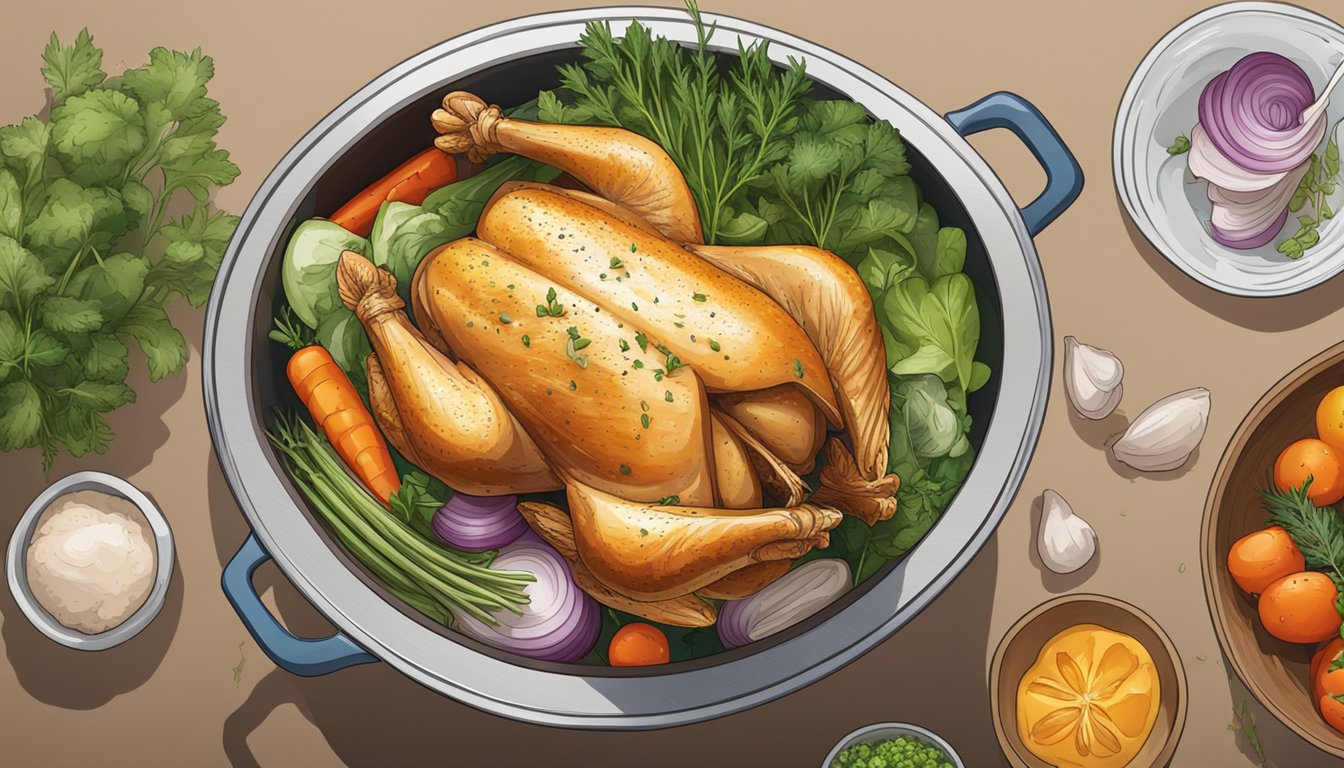 A pot of boiling water with a whole chicken submerged in it, surrounded by various herbs and vegetables