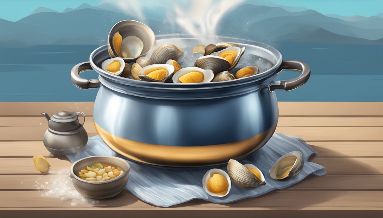 A pot of boiling water with fresh clams being dropped in