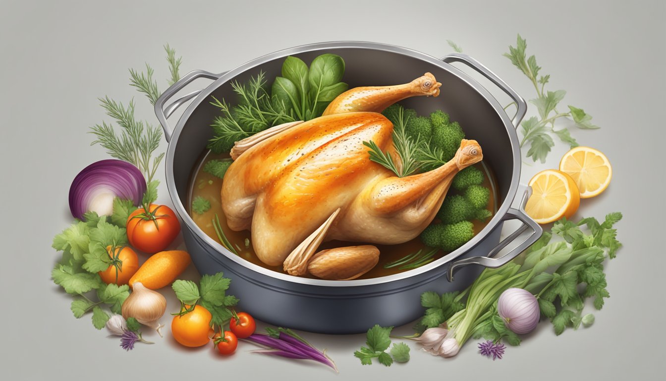 A whole chicken being submerged in a pot of boiling water, surrounded by aromatic herbs and vegetables