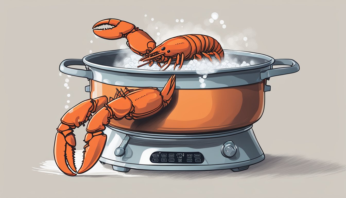 A large pot of boiling water with a whole lobster being lowered in. Timer set for recommended cooking time