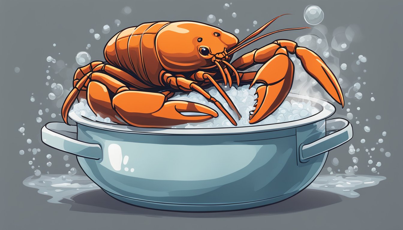 A pot of boiling water with a whole lobster submerged inside, steam rising from the surface