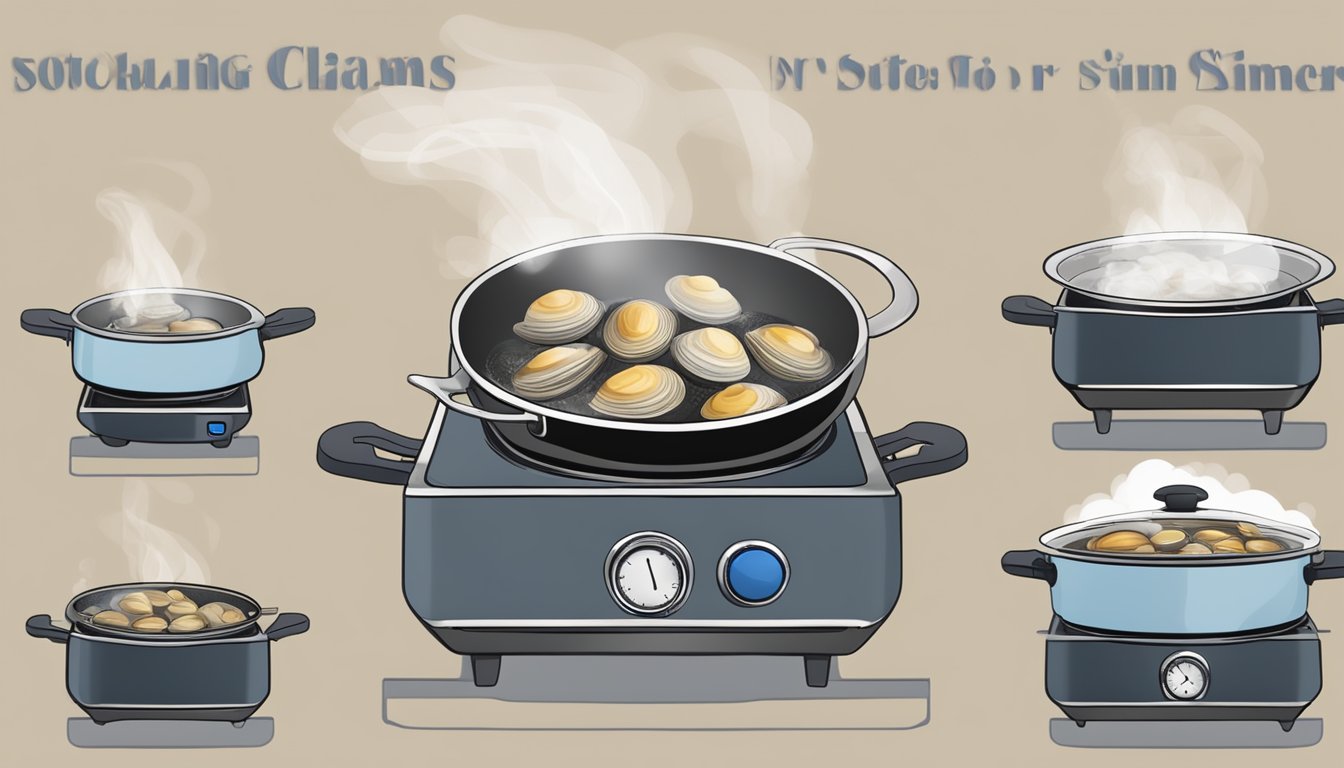 A pot of clams boiling on a stovetop, steam rising, with a timer set for the recommended duration