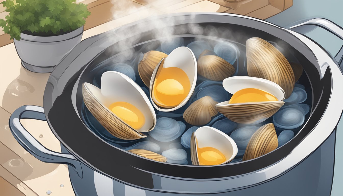 A pot of boiling water with clams inside, steam rising