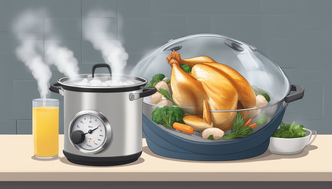 A large pot of boiling water with a whole chicken submerged inside, steam rising and a timer set nearby