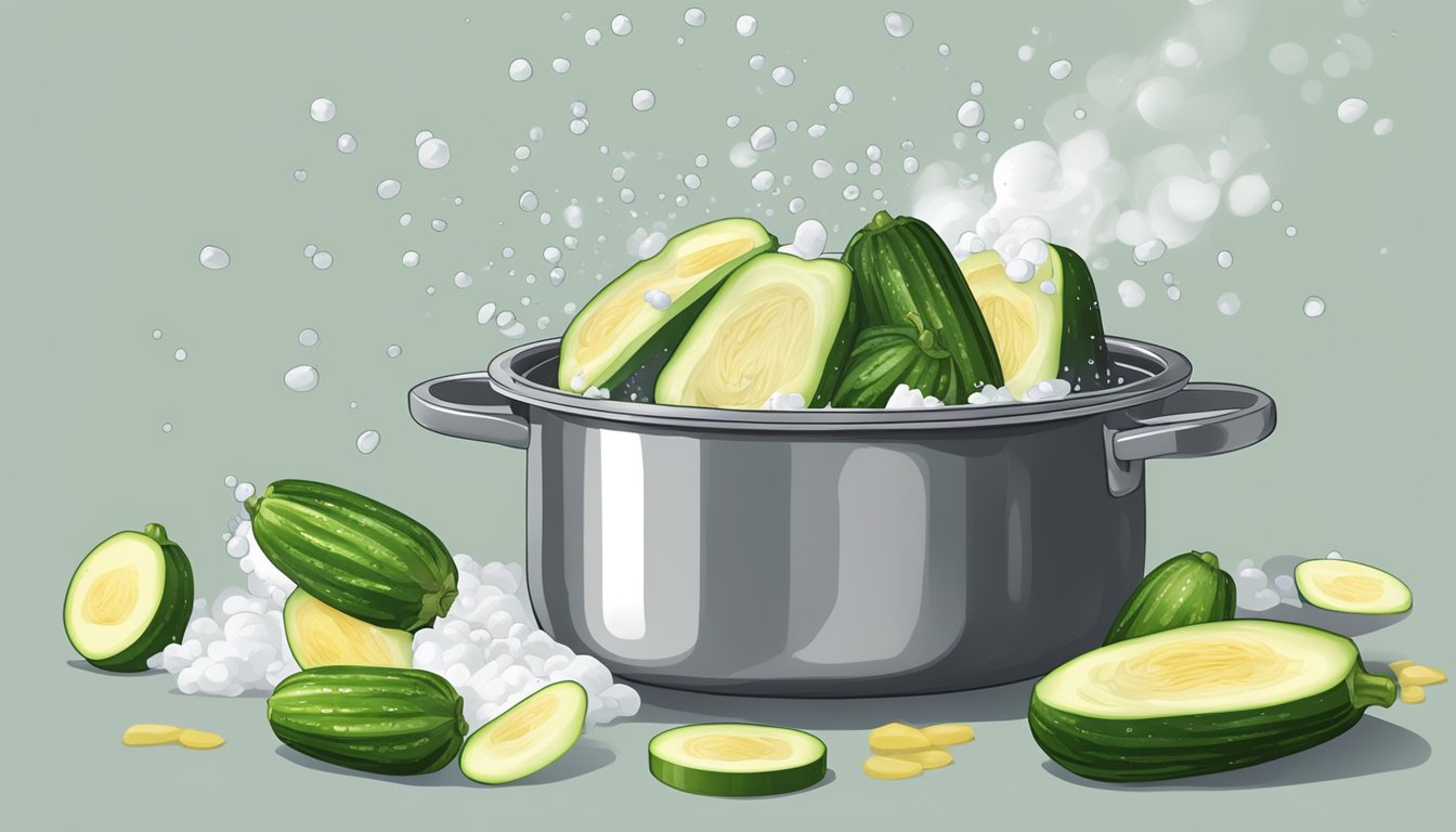 A pot of boiling water with zucchinis being dropped in