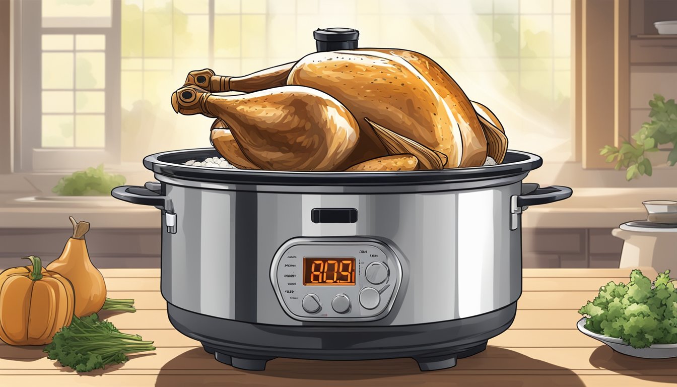 A large pot boiling whole chicken, steam rising, with a timer set for the recommended time