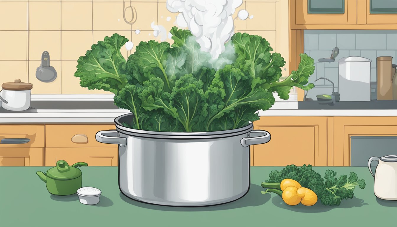 A pot of boiling water with kale being dropped in