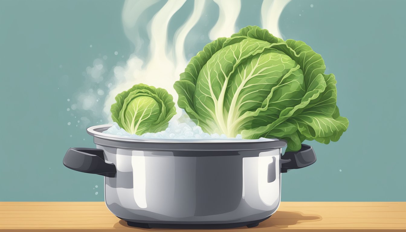 A pot of boiling water with a head of cabbage being carefully lowered in