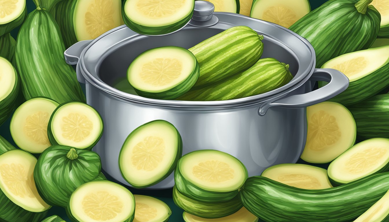 Zucchini slices simmering in a pot of boiling water