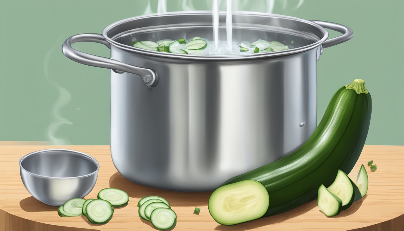 A pot of boiling water with zucchini pieces being gently lowered in