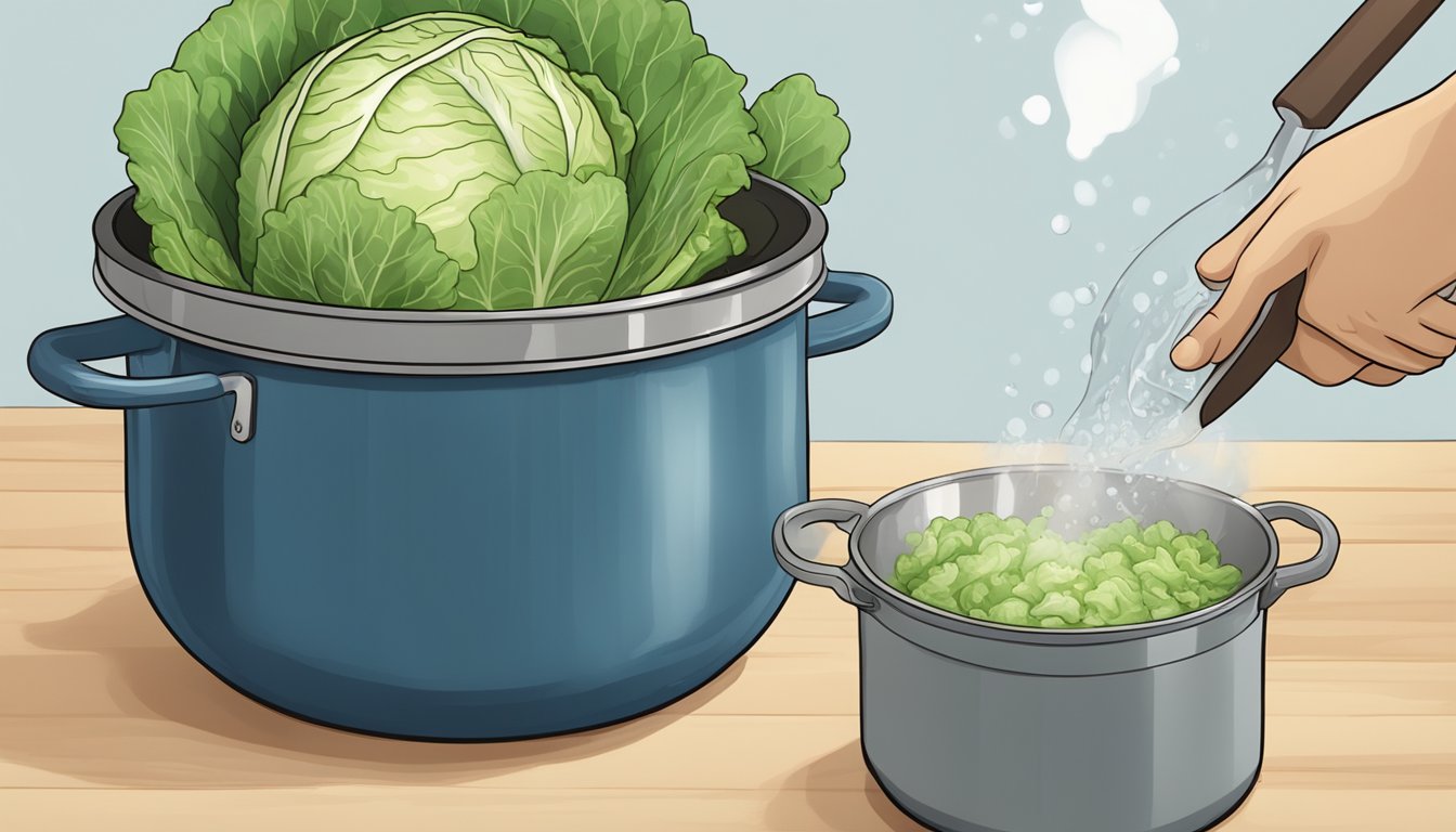 A pot of boiling water with a head of cabbage being lowered in