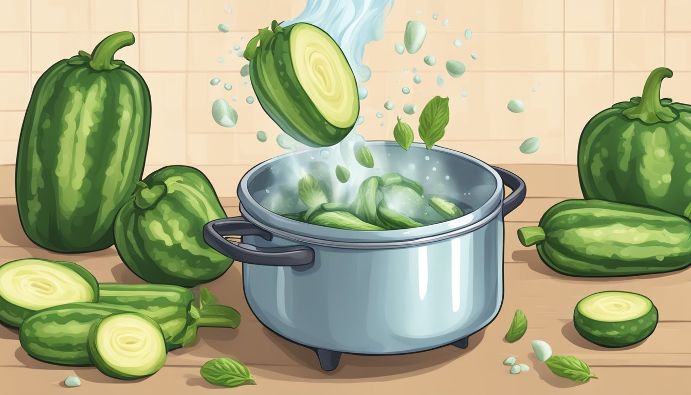 A pot of boiling water with zucchinis being dropped in