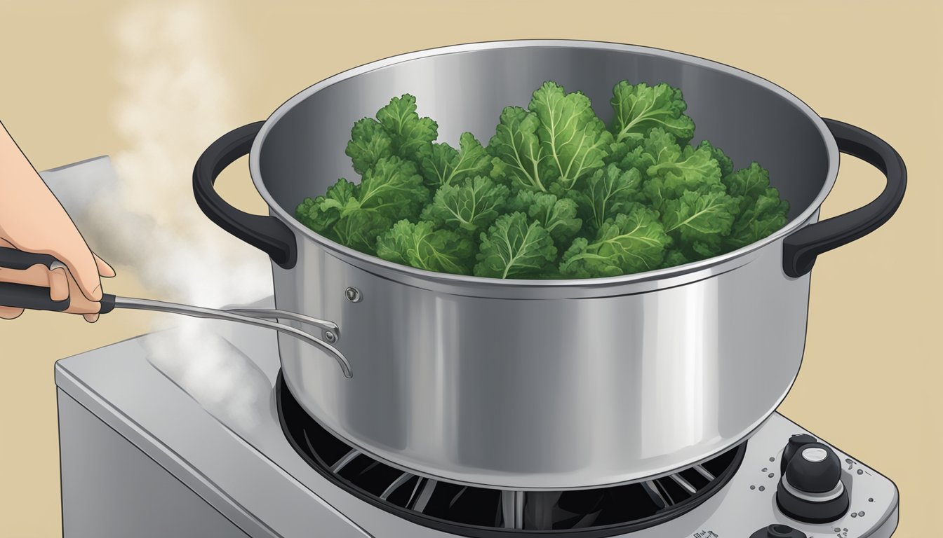 A pot of boiling water with kale leaves being added and stirred