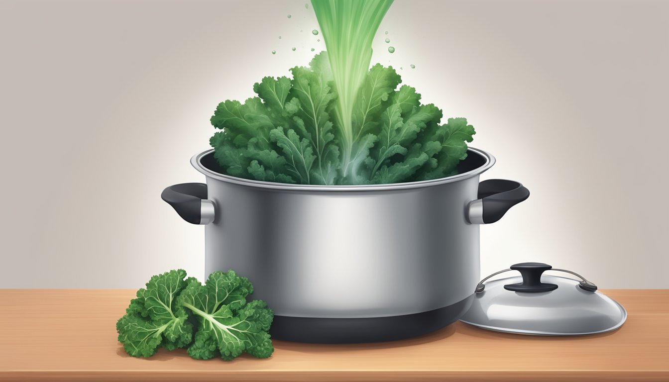 A pot of boiling water with kale leaves being dropped in