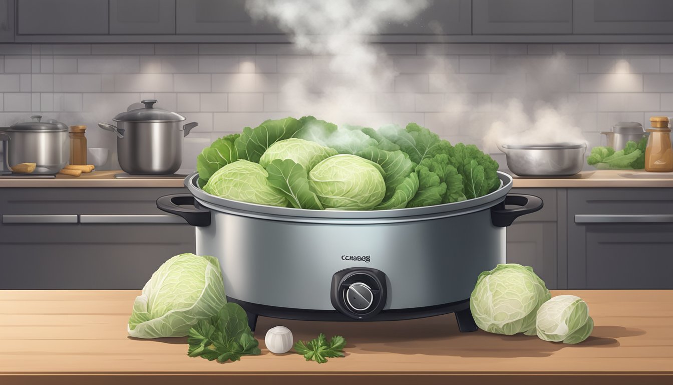 A pot of boiling water with cabbage leaves floating inside, steam rising, and a variety of seasoning and flavor enhancements scattered on the counter nearby