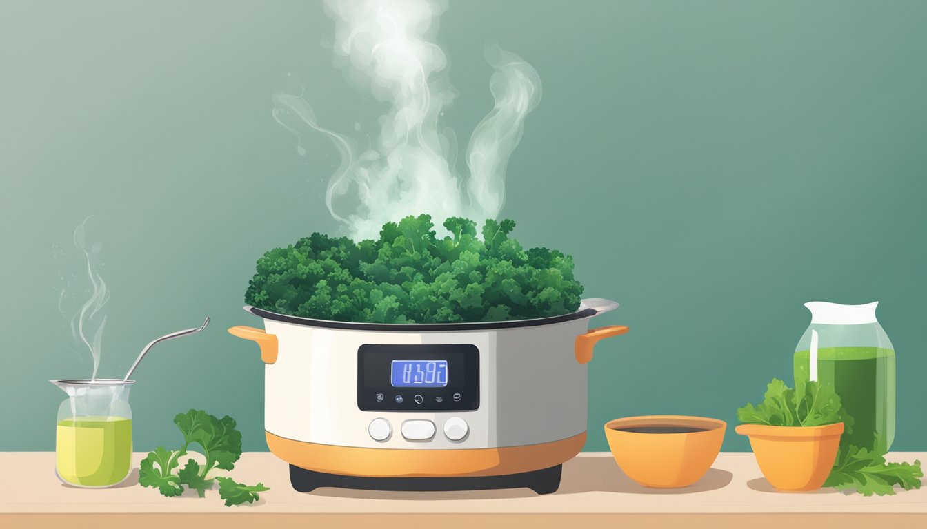 A pot of boiling water with kale being added and a timer set for 5 minutes