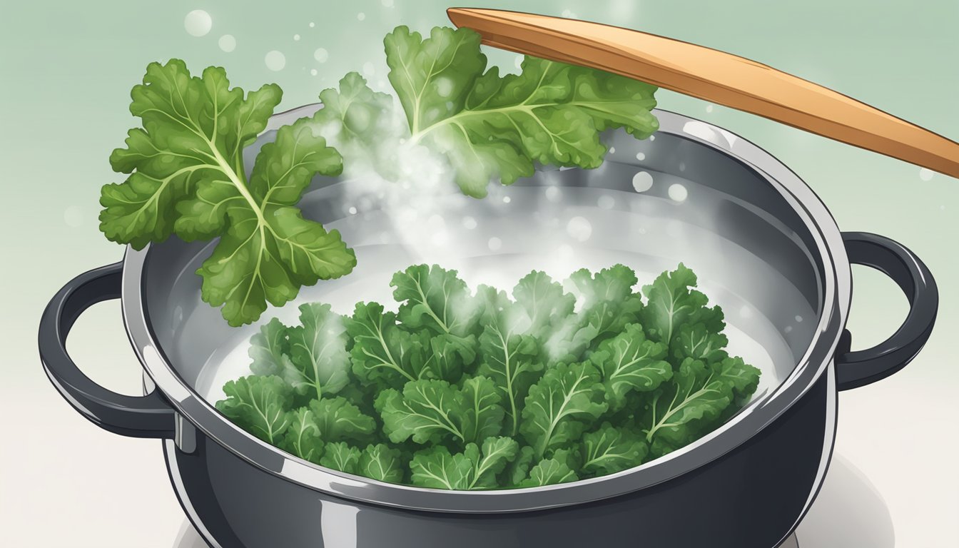 A pot of boiling water with kale leaves being added