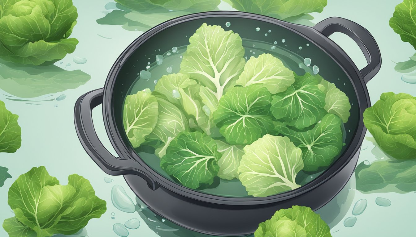 A pot of boiling water with cabbage leaves floating inside