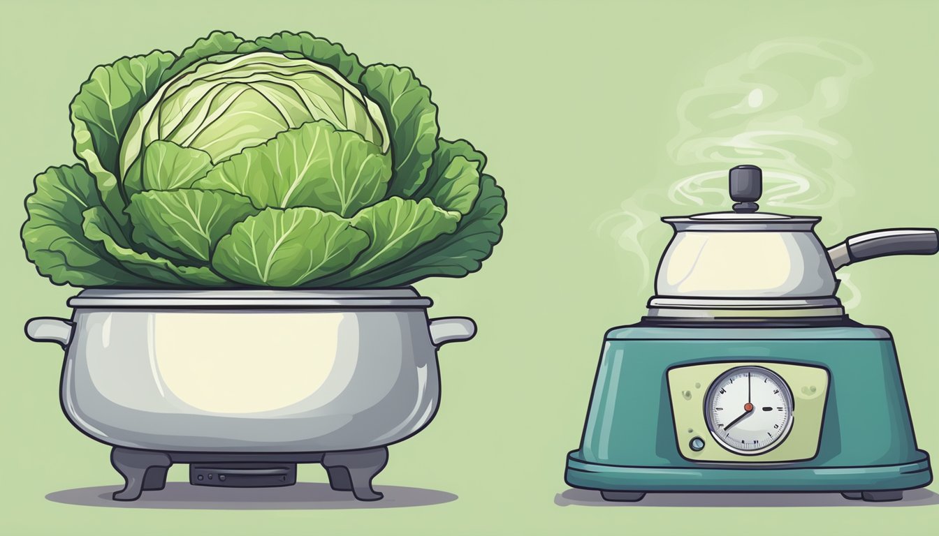 A pot of boiling water with a head of cabbage next to a timer