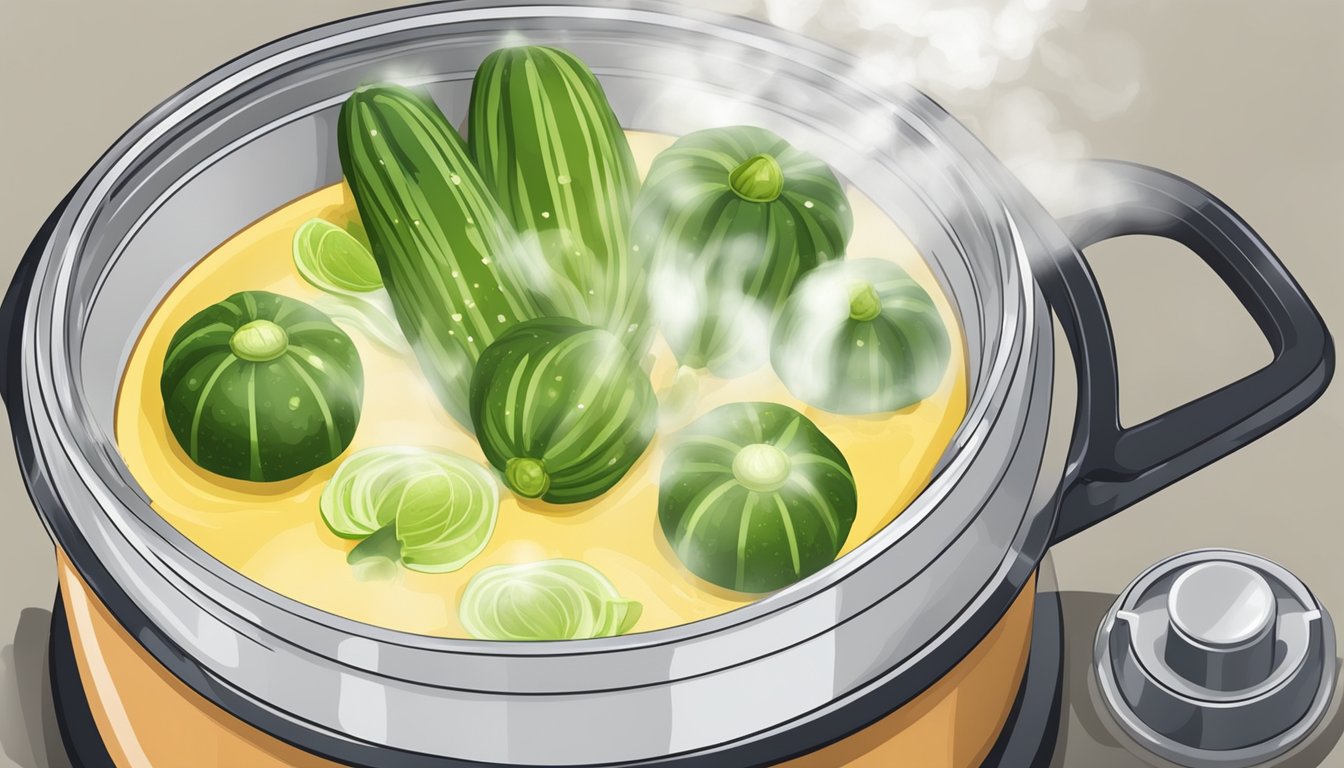 A pot of boiling water with zucchinis floating inside, steam rising from the surface. A timer set for the recommended cooking time