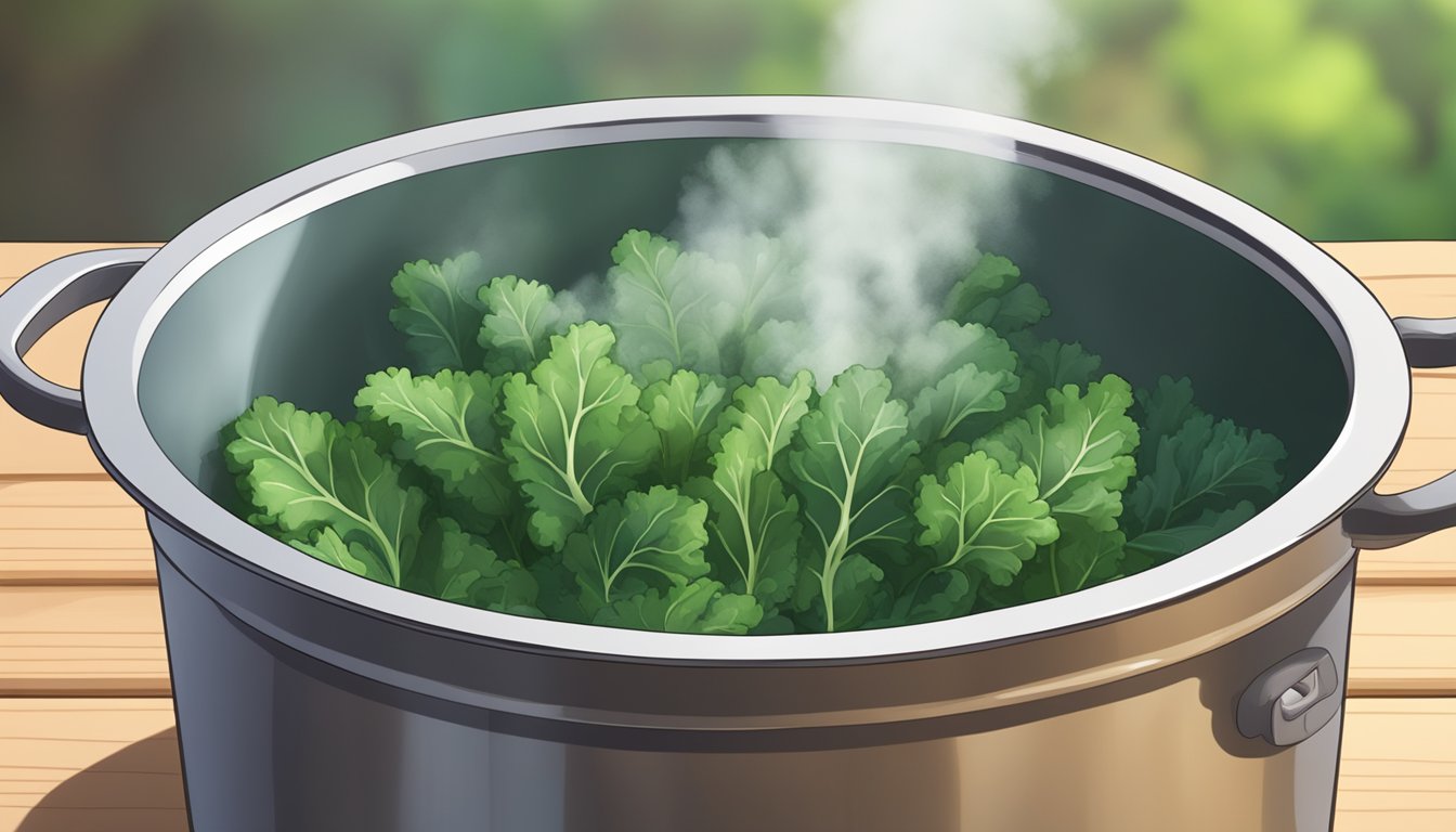 A pot of boiling water with kale leaves being submerged for a specific amount of time