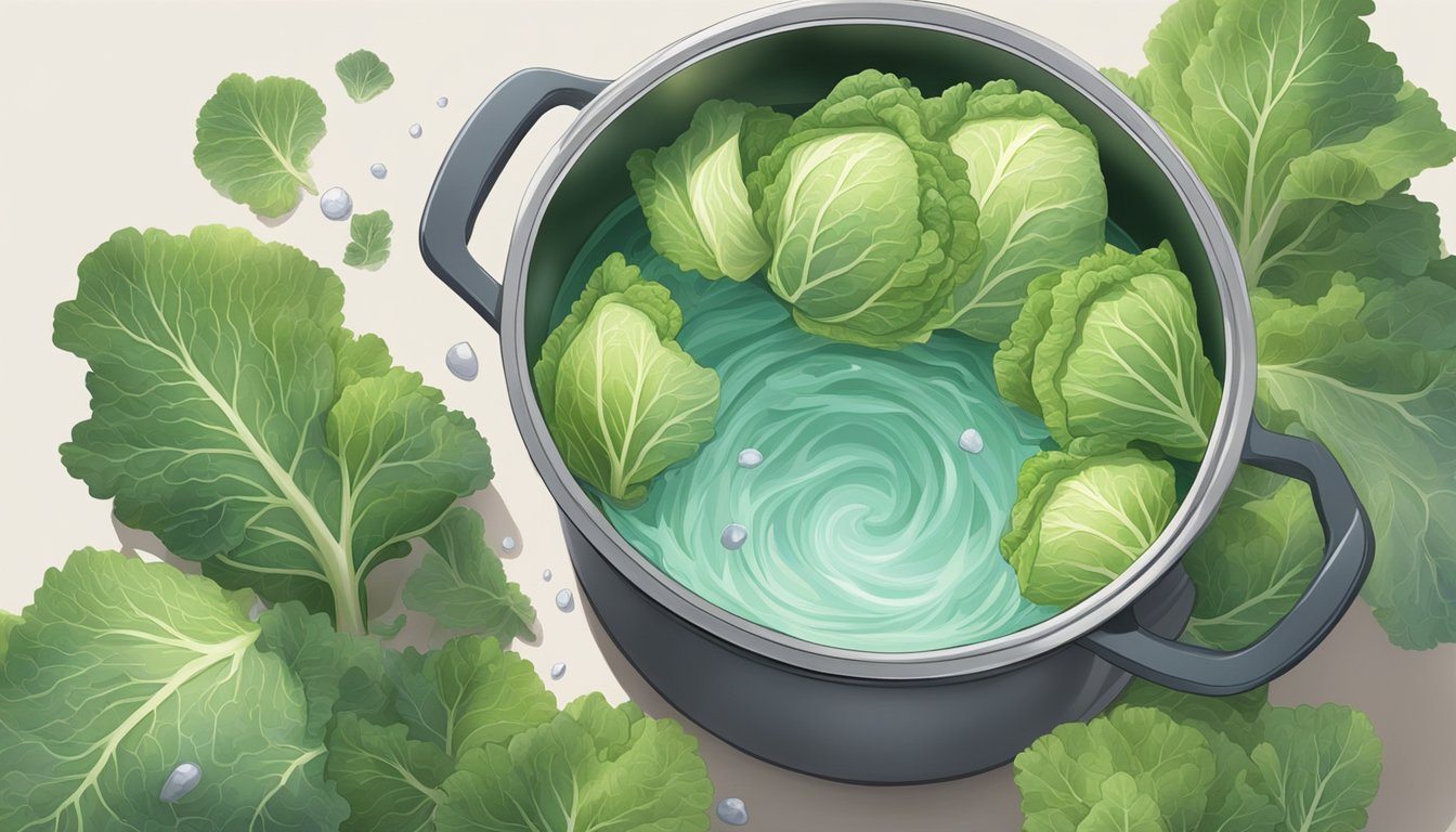 A pot of boiling water with cabbage leaves being submerged