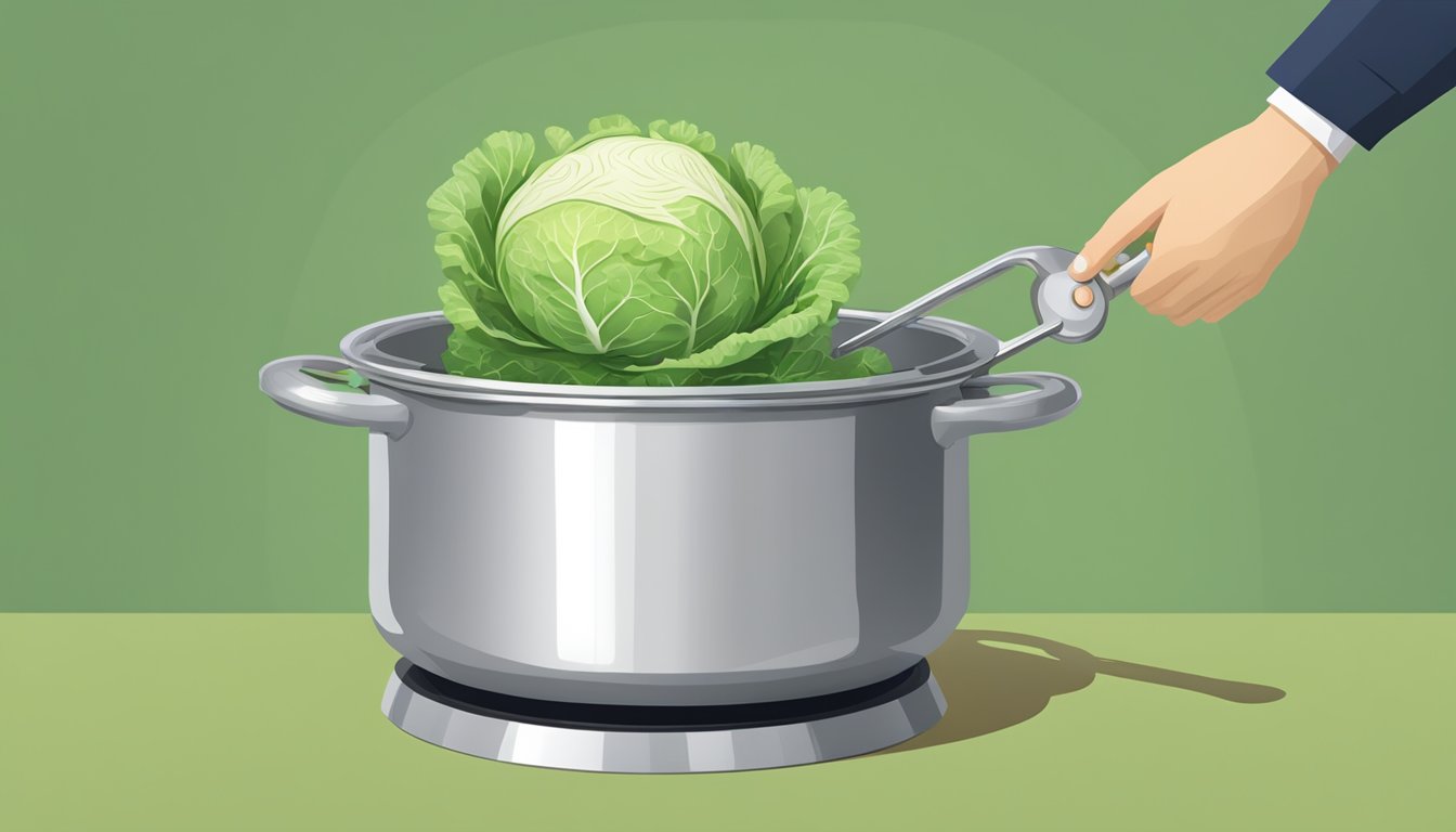 A pot of boiling water with a head of cabbage being lowered in