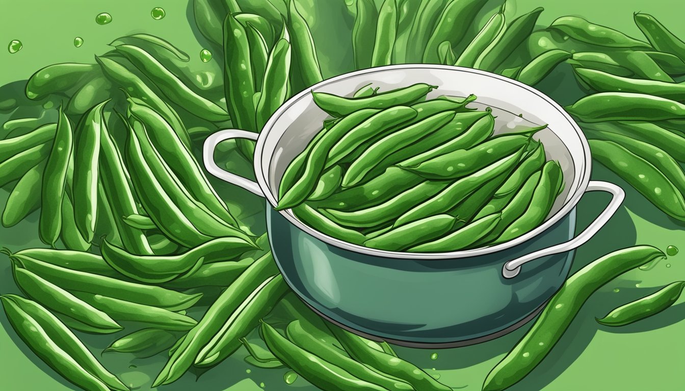 Green beans in a pot of boiling water, vibrant green color, bubbling and steaming, timer set