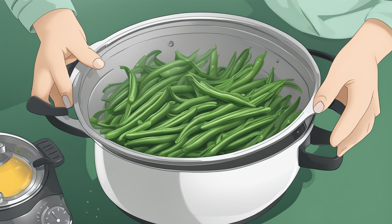 Green beans being placed in a pot of boiling water, a timer set, and a vibrant green color preserved