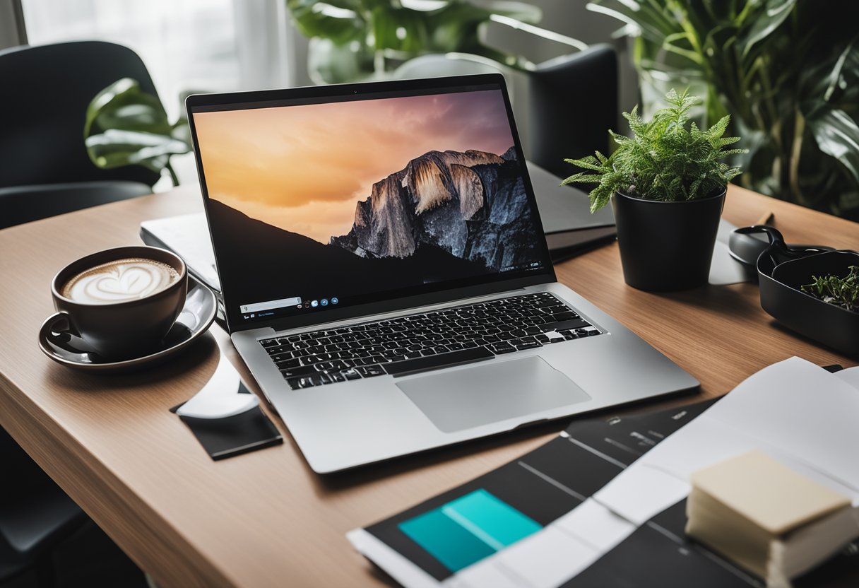 A modern laptop surrounded by design sketches, color swatches, and a sleek, minimalist desk setup with a plant and a cup of coffee