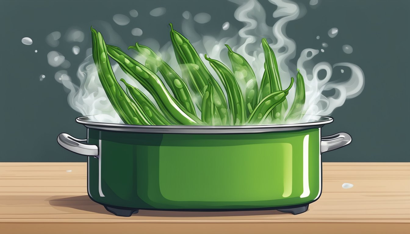 Green beans boiling in a pot of water, timer set, steam rising, vibrant green color preserved