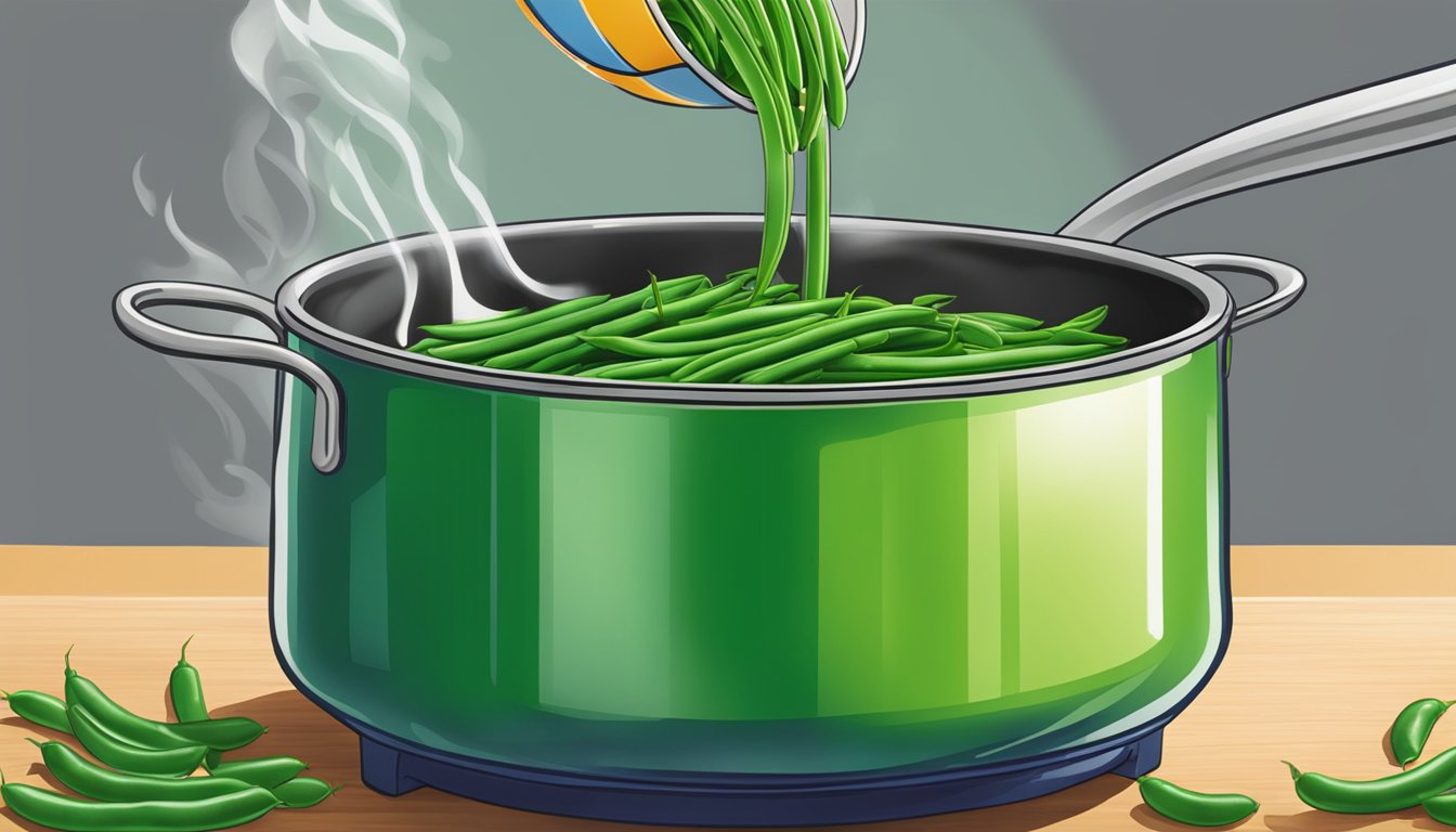 A pot of boiling water with vibrant green beans being added