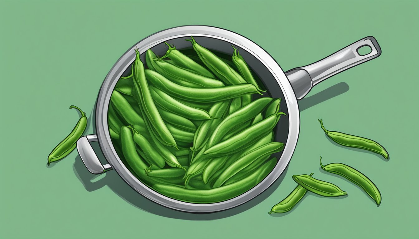 Green beans in a pot of boiling water, timer set, vibrant green color, snap texture