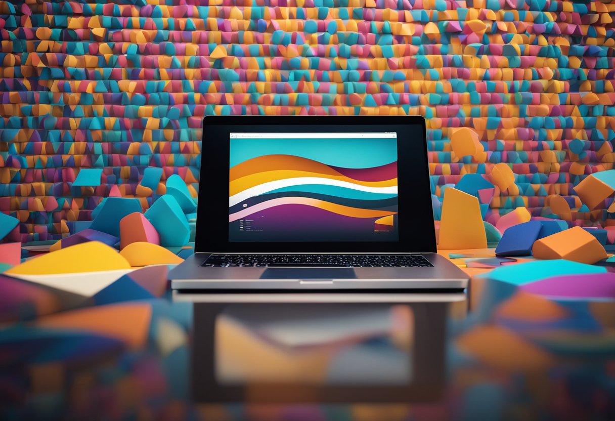 A laptop surrounded by colorful, abstract shapes and patterns, with a modern, minimalist desk and chair in the background