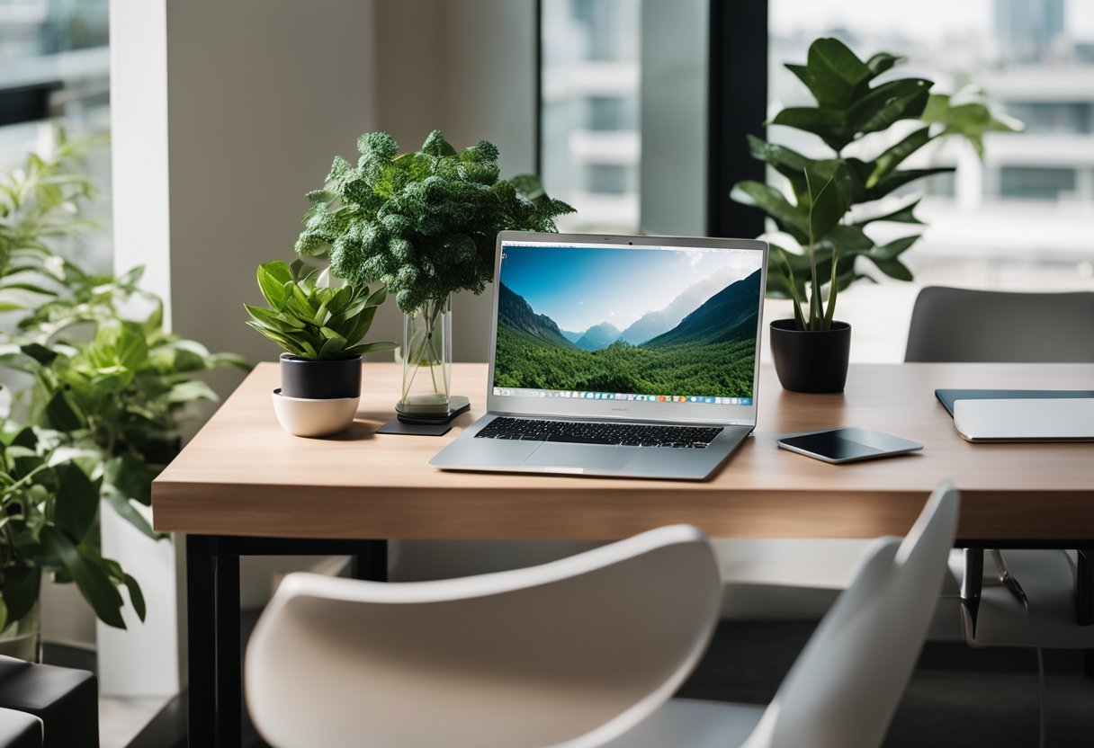A laptop on a sleek desk with a modern chair. Surrounding it are plants, minimalistic decor, and a large window with natural light