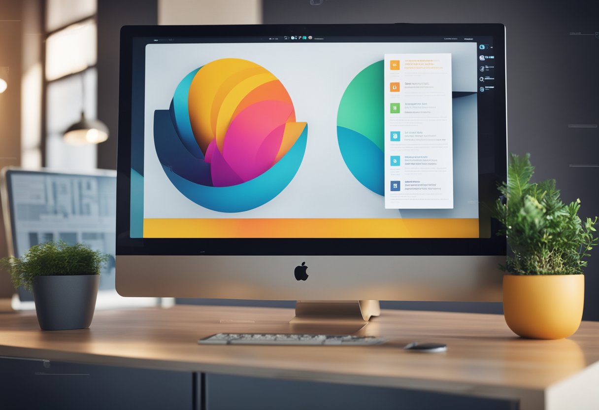 A sleek, modern computer monitor displaying a visually striking website design, with bold colors, clean lines, and dynamic graphics