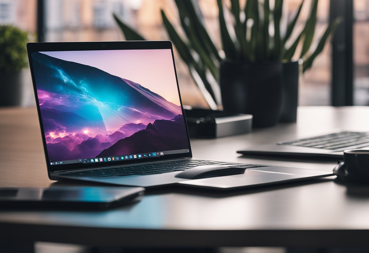 A sleek laptop with a vibrant, modern website displayed on the screen, surrounded by a clean and minimalistic workspace