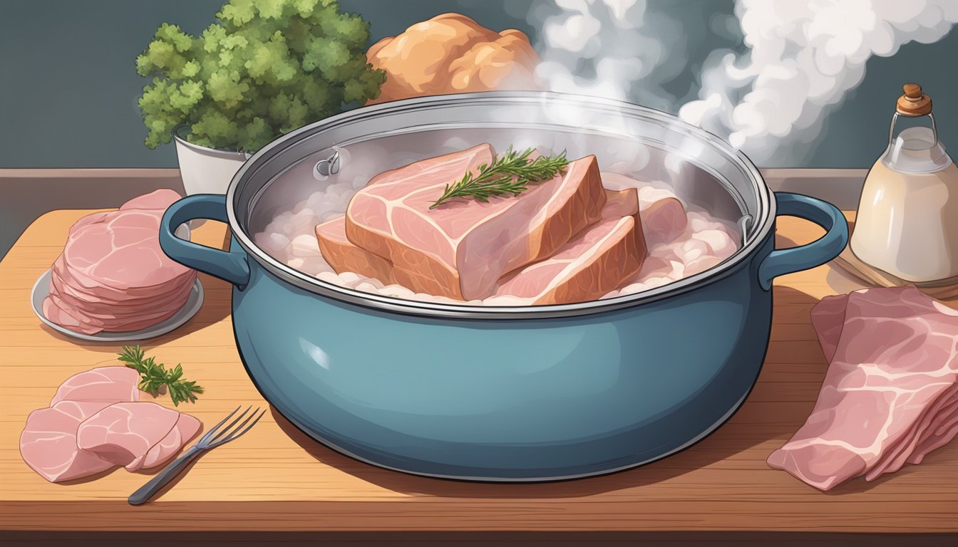 A pot of boiling water with a ham submerged inside, steam rising as the meat cooks to perfection