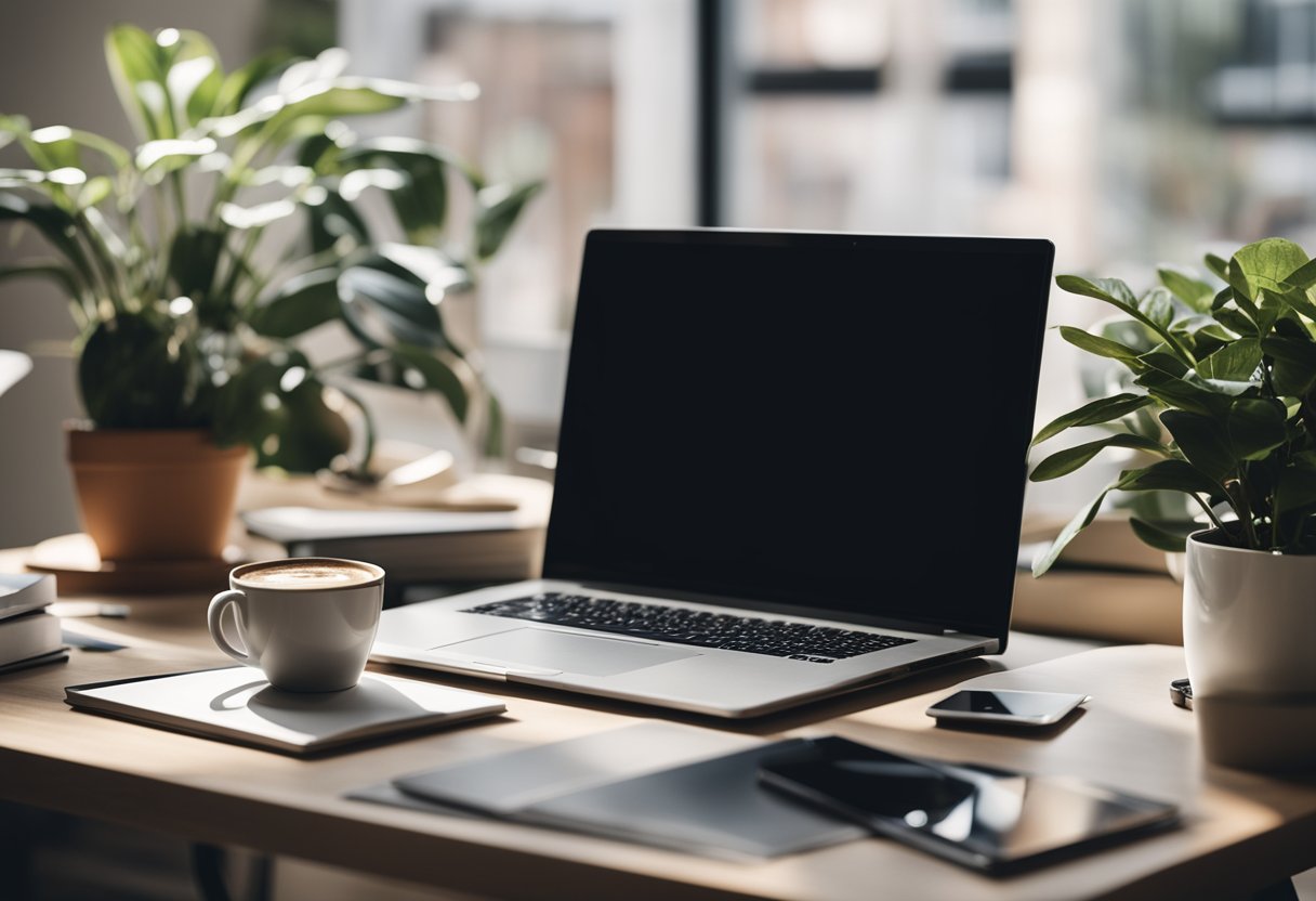 A laptop on a clutter-free desk, surrounded by design books and a mood board, with a cup of coffee and a potted plant nearby