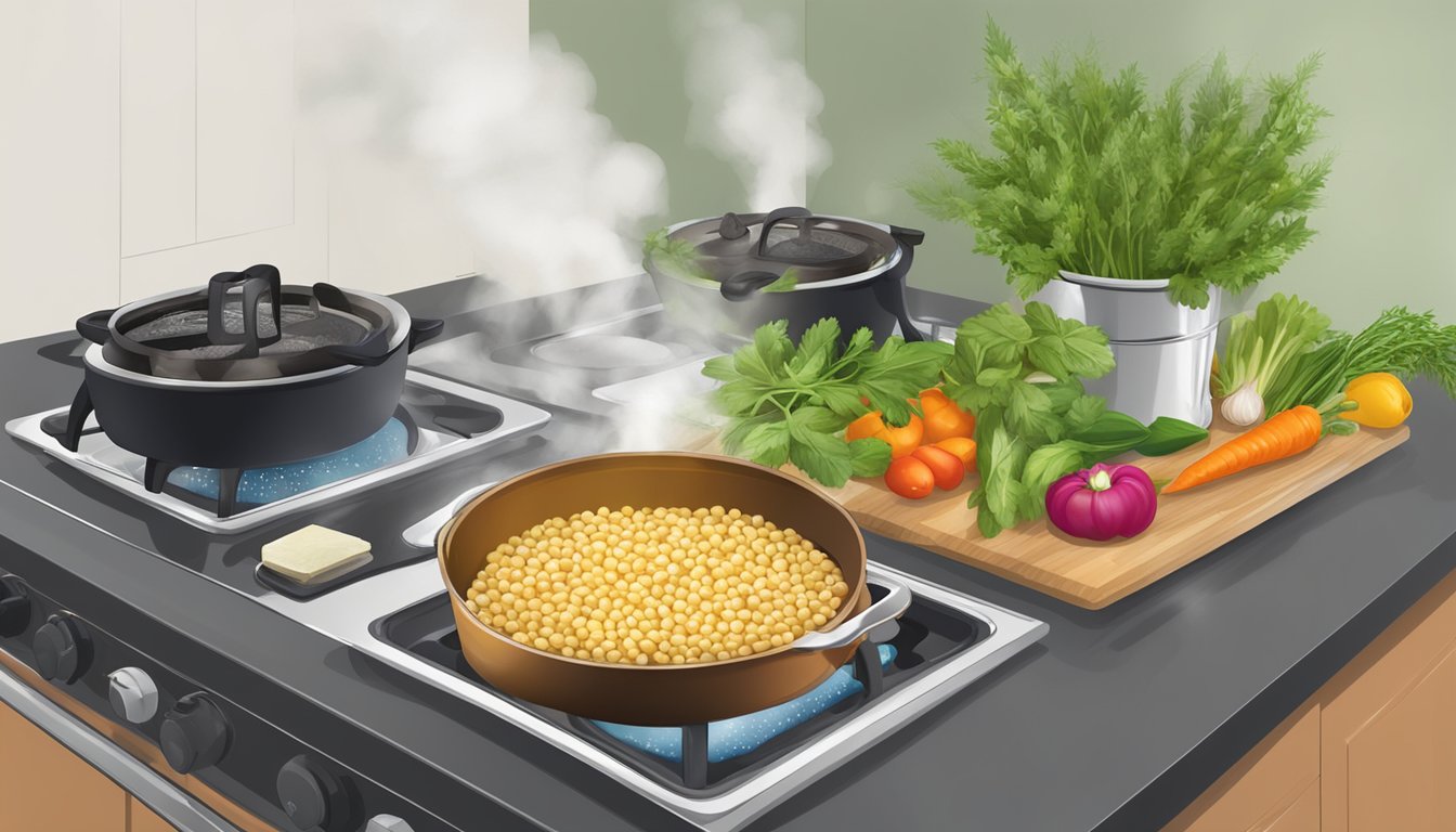 Barley simmering in a pot of water on a stovetop, steam rising, surrounded by fresh herbs and vegetables