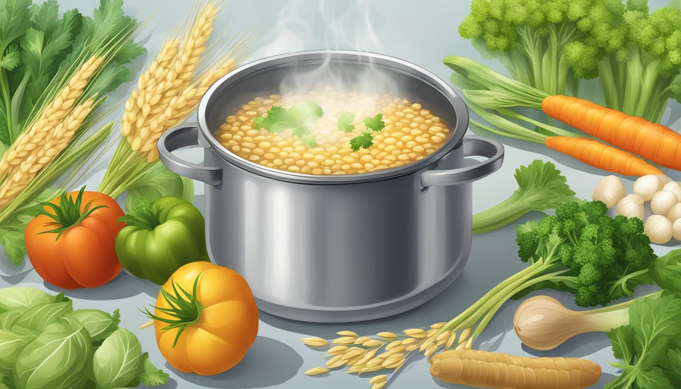 A pot of barley simmering in water, steam rising, surrounded by fresh vegetables and herbs for soups and salads