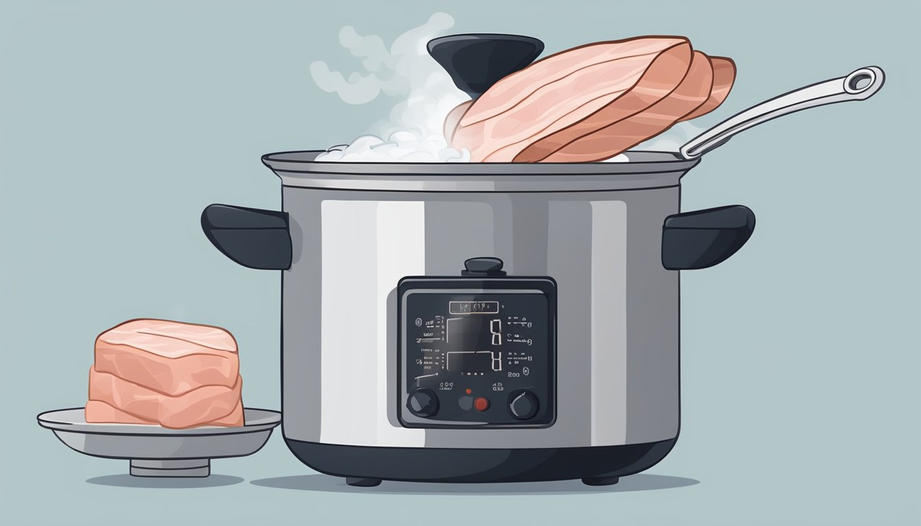 A pot of boiling water with a piece of ham being carefully lowered in, steam rising and a timer set for the optimal boiling time