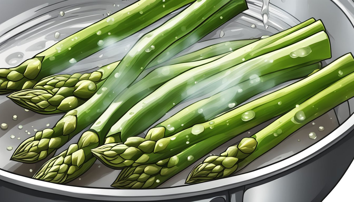 Fresh asparagus spears boiling in a pot of water, with a sprinkle of seasoning and flavor enhancements being added