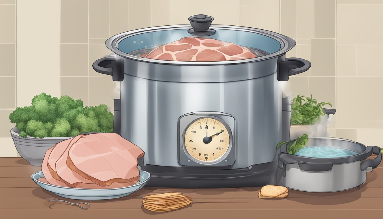 A large pot of boiling water with a ham submerged inside, steam rising and a timer set for the optimal cooking time