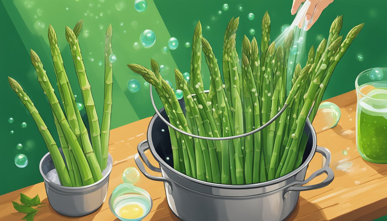 Fresh asparagus being gently lowered into a pot of boiling water, surrounded by vibrant green spears and a few bubbles rising to the surface