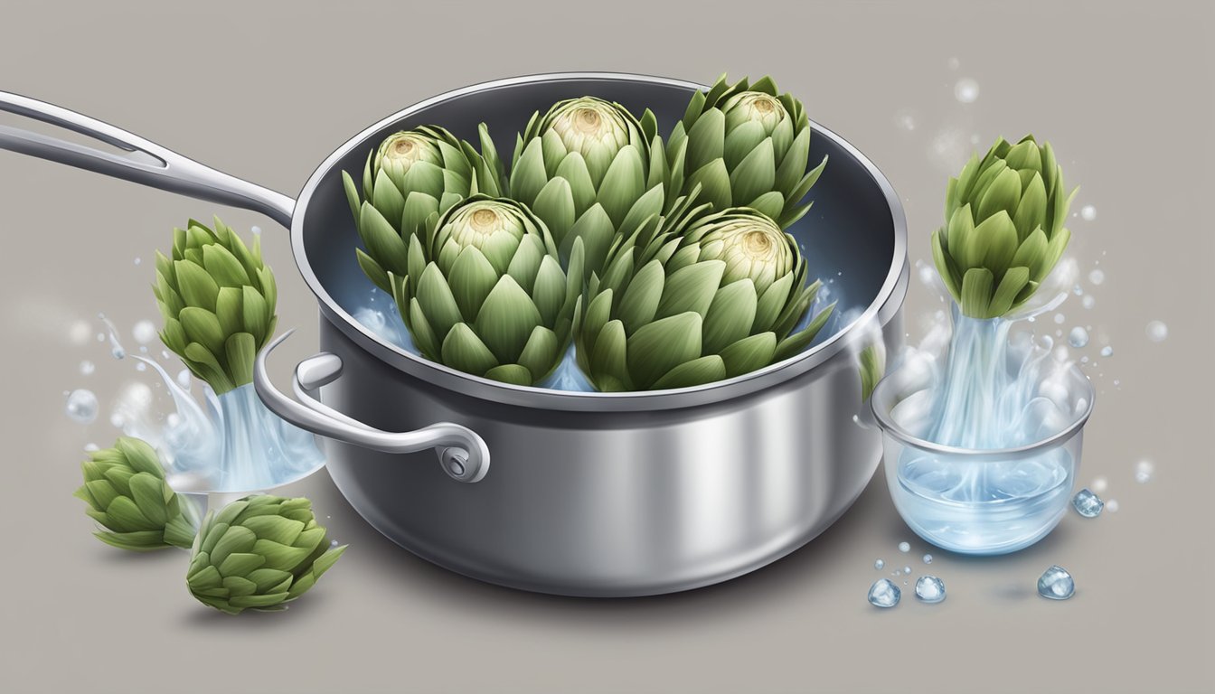 Artichokes boiling in a pot of water, steam rising, timer set