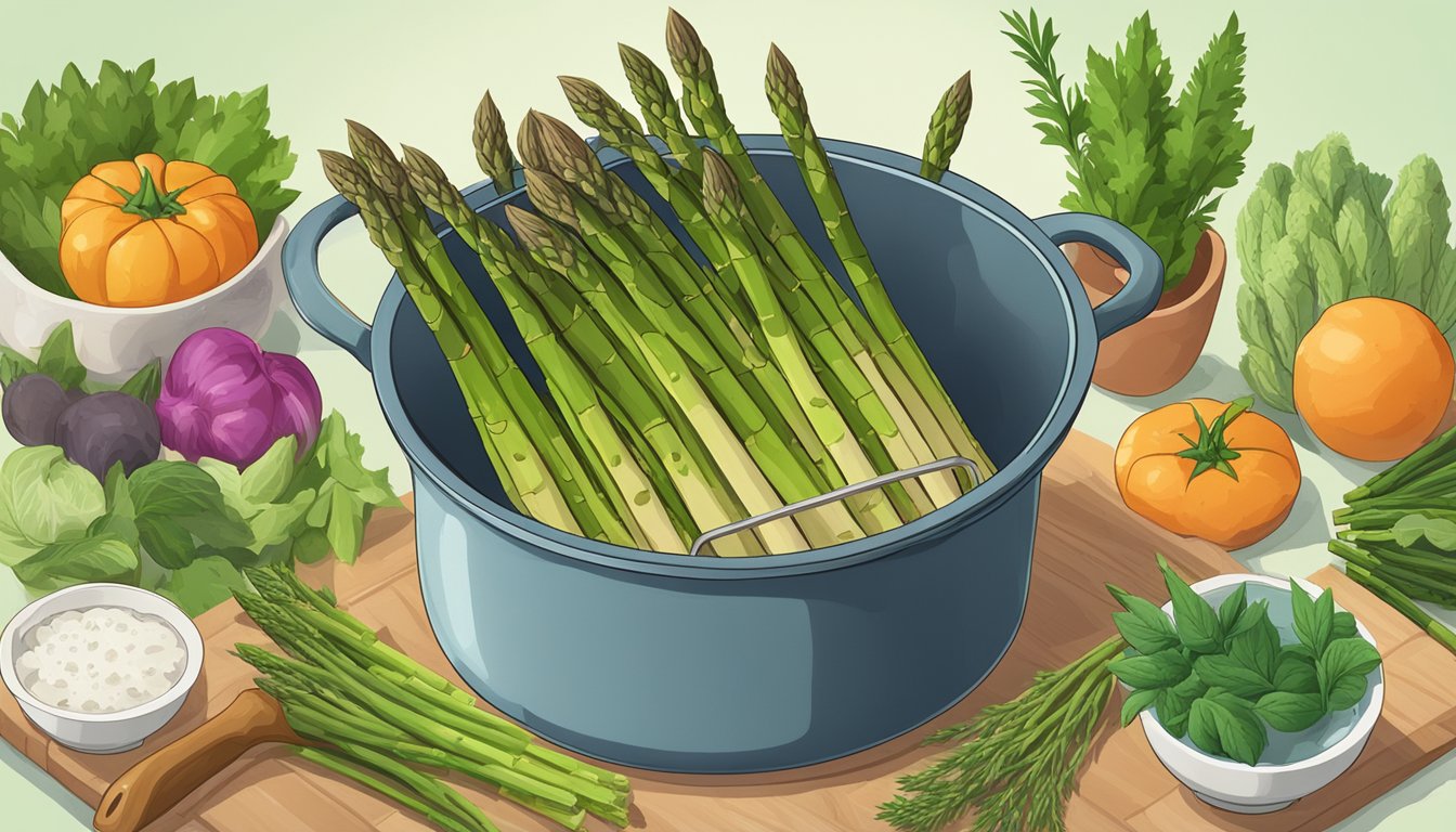 Asparagus spears boiling in a pot of water, surrounded by various vegetables and herbs