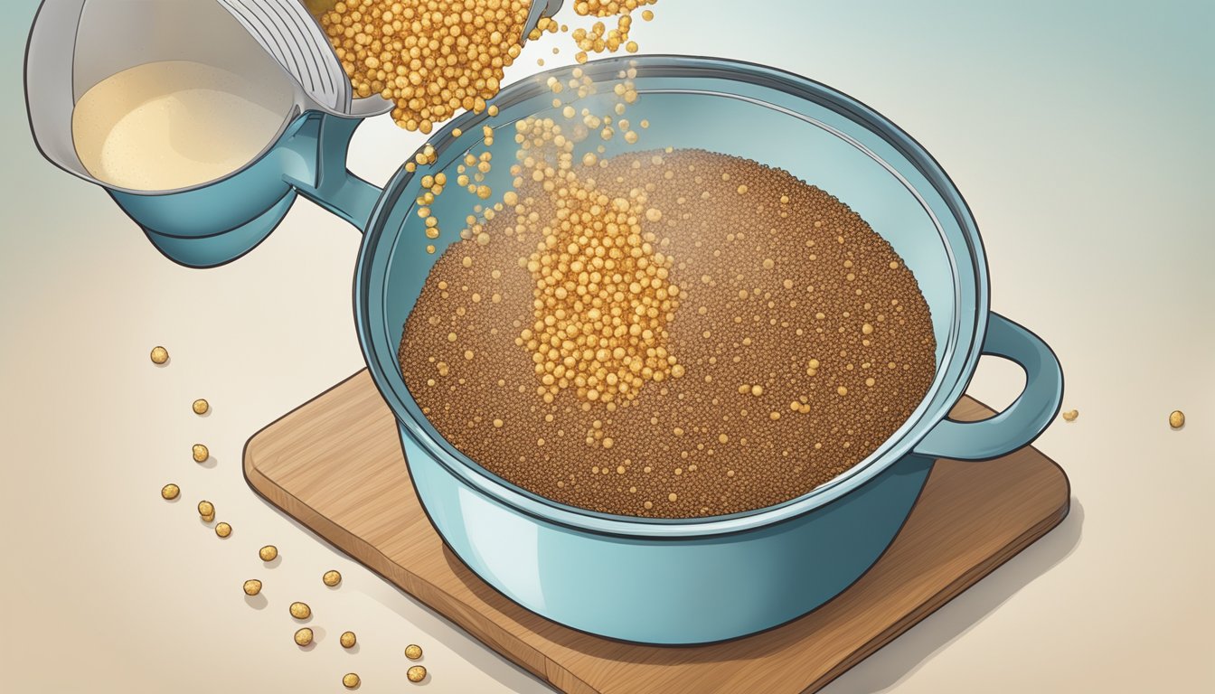 A pot of boiling water with quinoa grains being poured in